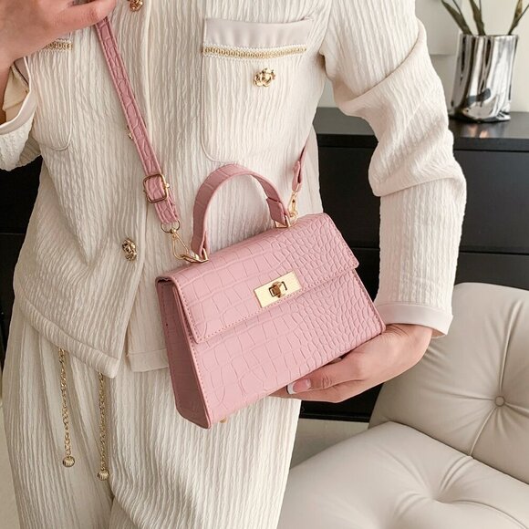 Pink Elegant Women's Mini Crocodile Embossed Twist Lock Flap Square Handbag - Picture 5 of 8